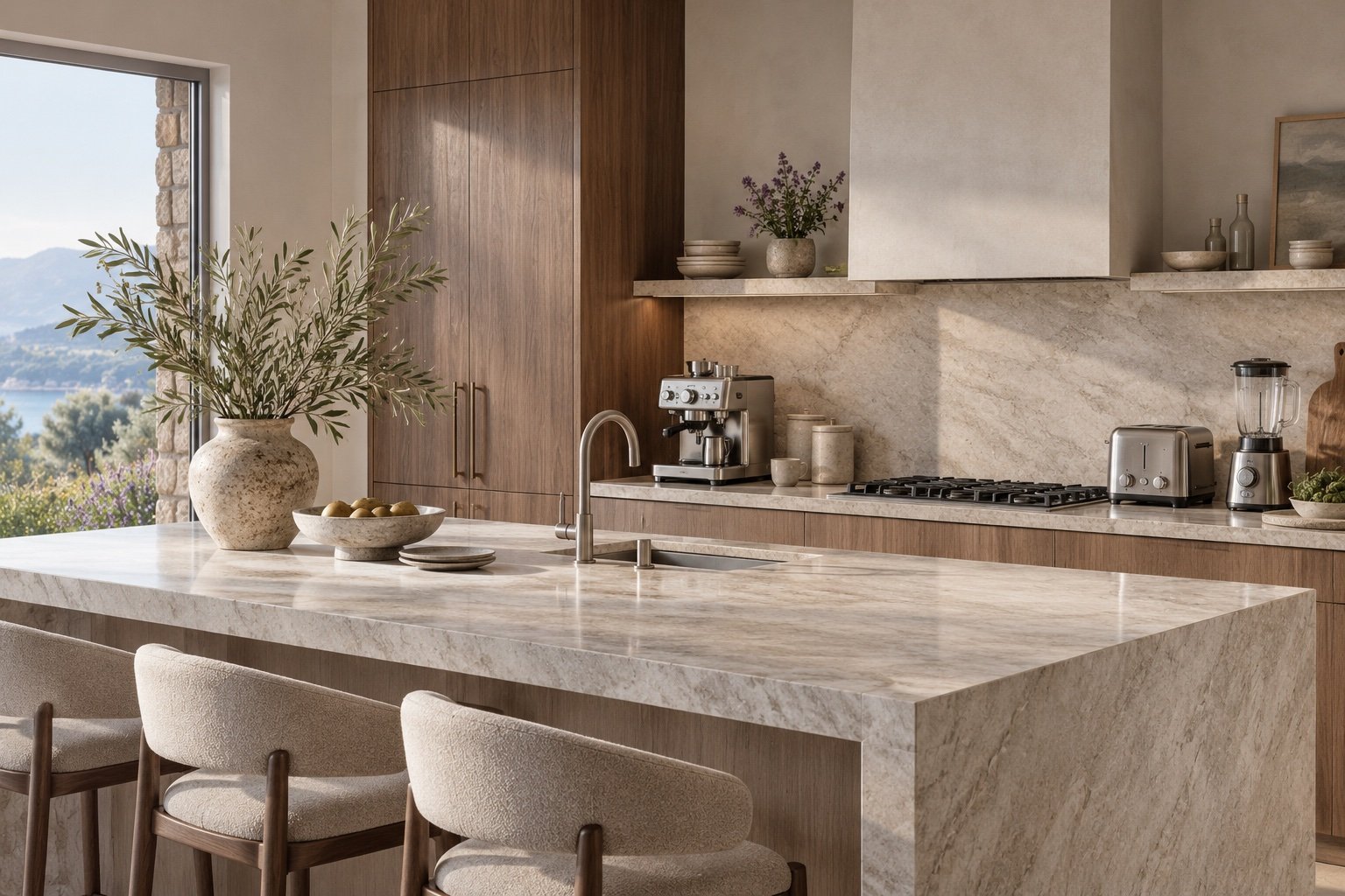 Small and large appliances in a warm modern kitchen