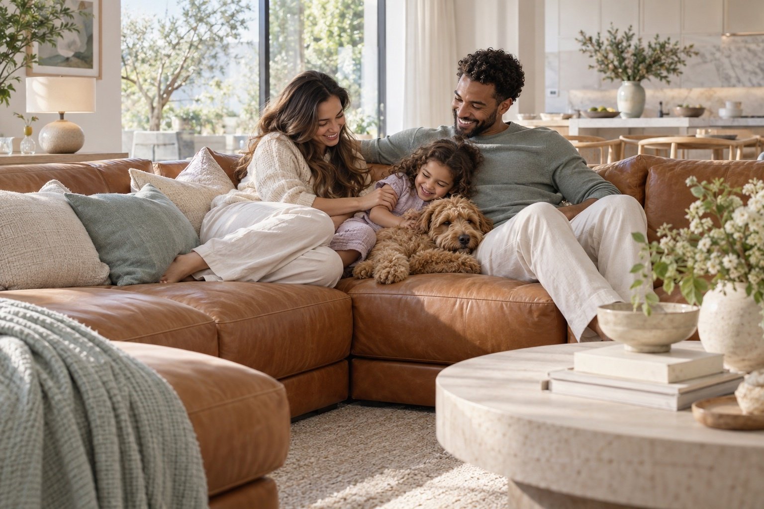 A family and dog relaxing on a tan sectional in a bright living room