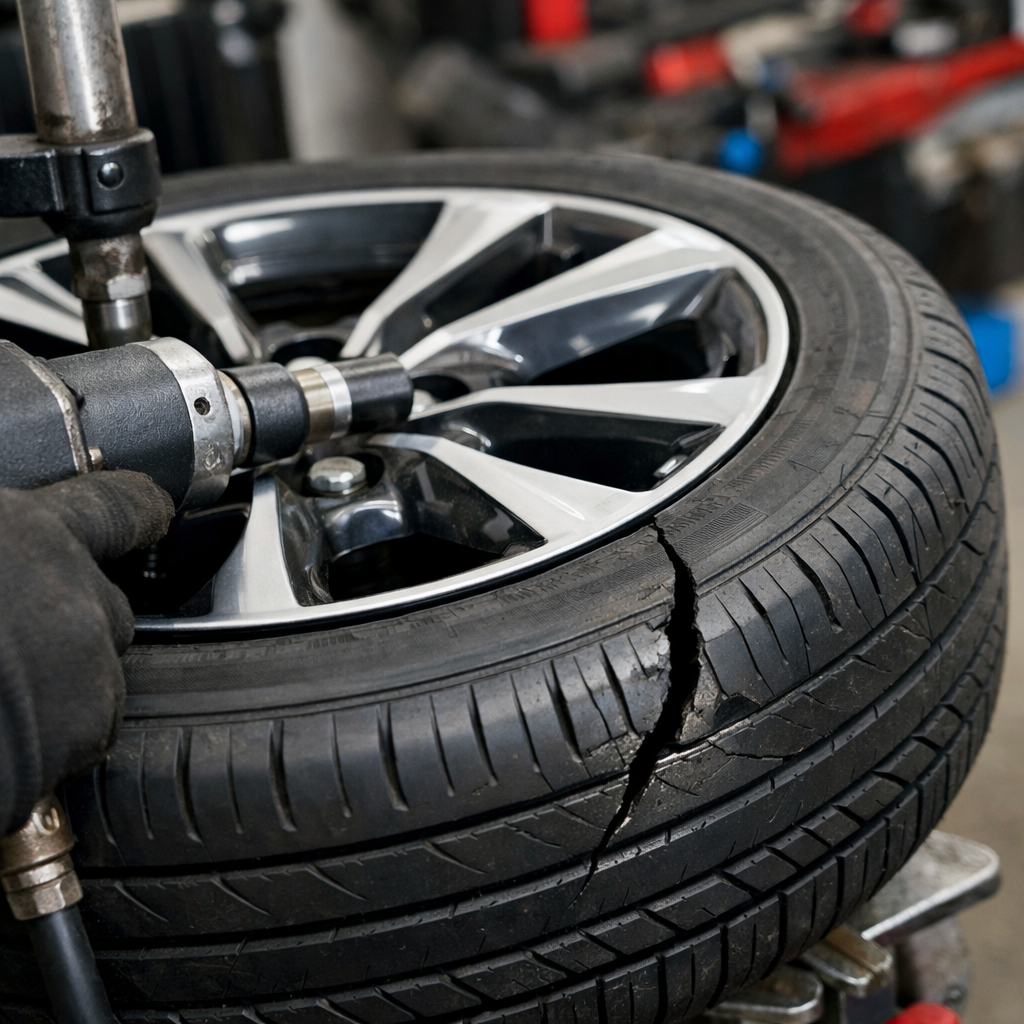 damaged tire being repaired